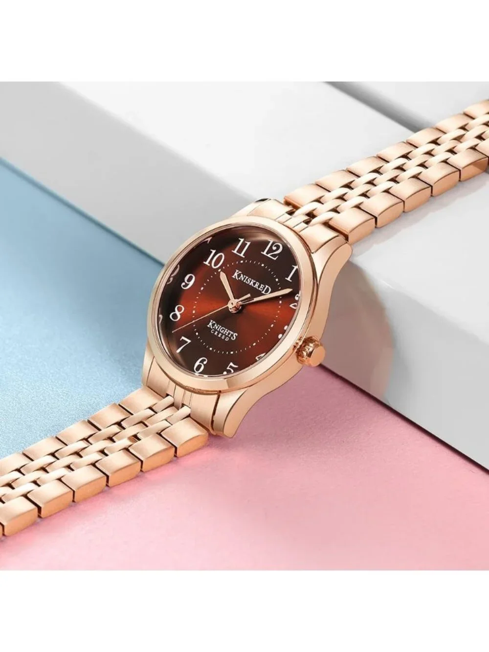 Women's Rose Gold Brown Solid Stainless Steel Band Easy to Read Dial Wrist Watch
